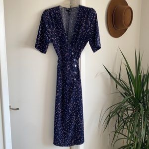 Aqua asymmetrical button front wrap midi dress